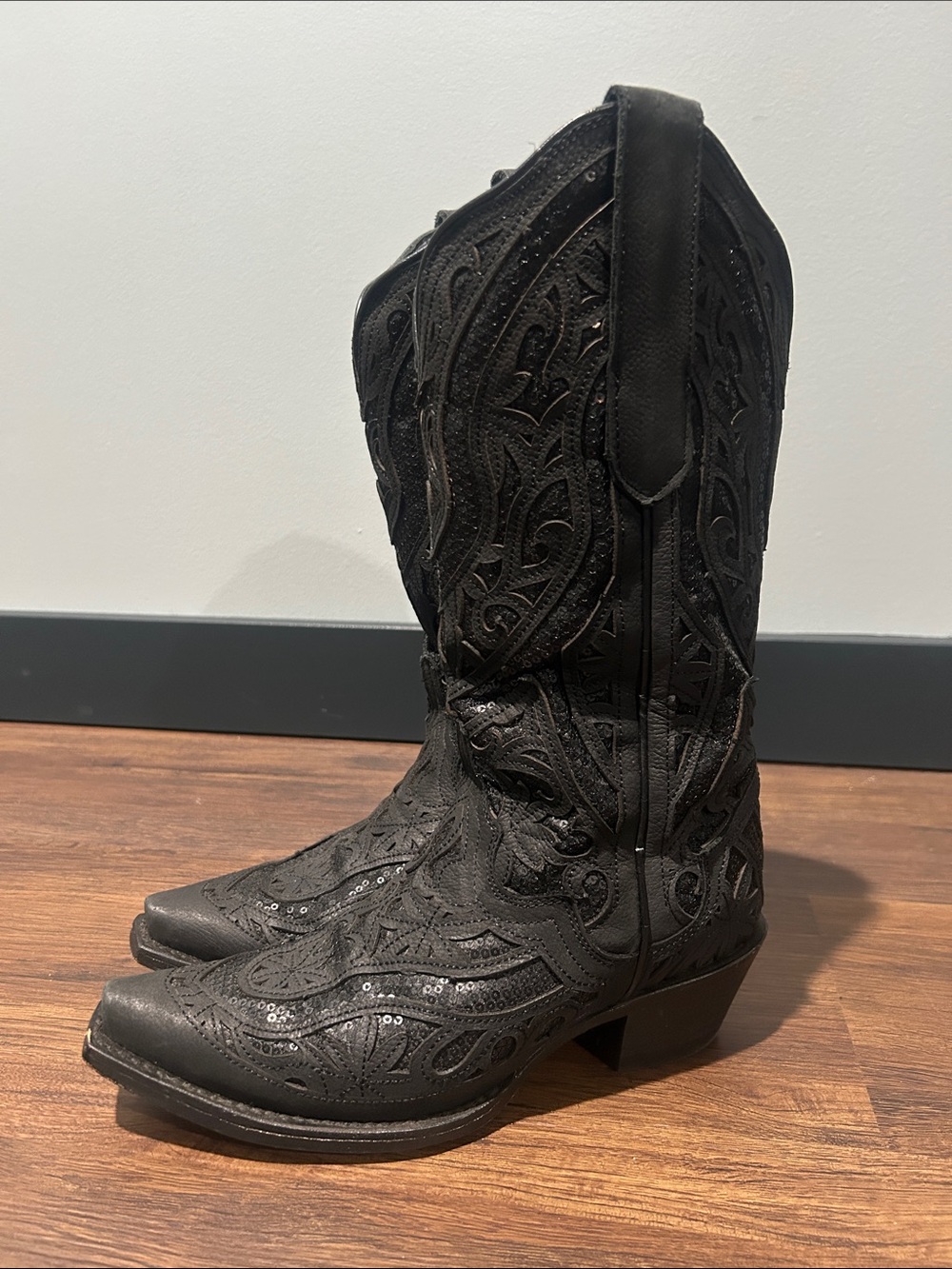 J.B. Dillon Black Embroidered Sequin Heeled Western Boots